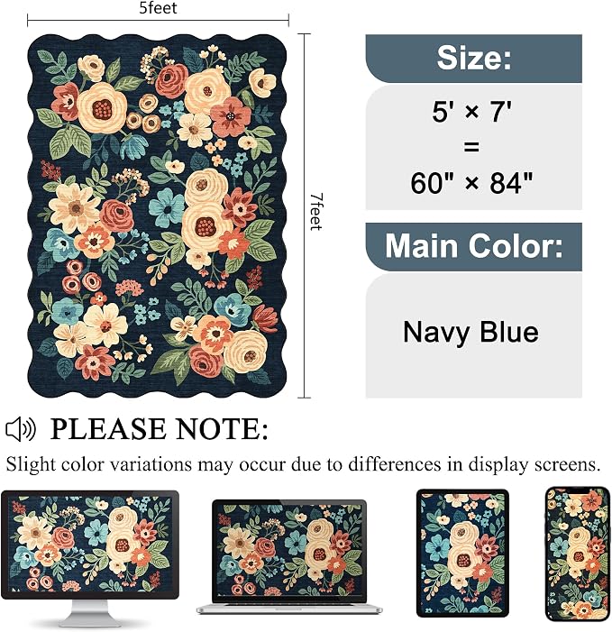 DUKINO 5x7 Area Rug, Floral Washable Rugs - Image 2
