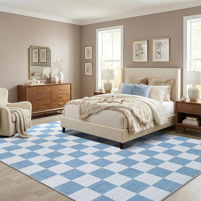 GarveeHome Checkered Light Blue and White 9x12 Area Rugs - Image 2