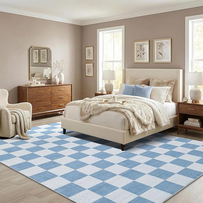 GarveeHome Checkered Light Blue and White 8x10 Area Rugs - Image 2