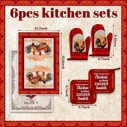 Leinuosen 6 Christmas Red Rooster Farmhouse Kitchen Decor Dish Towels Oven - Image 3
