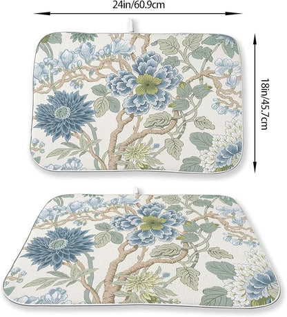 Chinoiserie Dish Drying Mat 18x24 Inch Vintage Sage Green Blue Floral Drying - Image 6