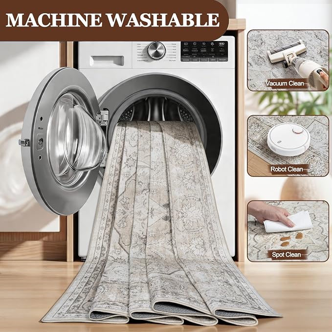 8x10 Area Rugs for Living Room:Beige Washable Vintage Medallion Carpet Non-Slip - Image 7