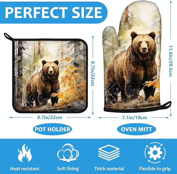 Watercolor Brown Bear Oven Mitts and Pot Holders Sets Heat Resistant 4Pcs - Image 2