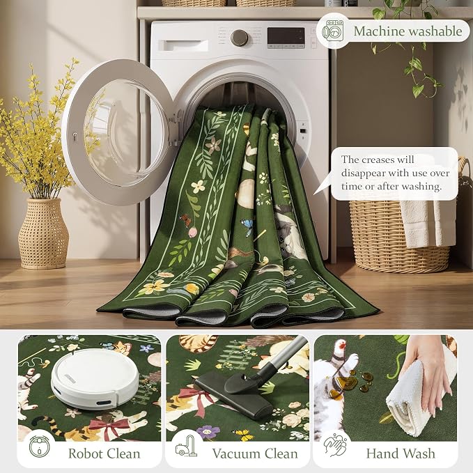 Unirea 2.6x8 Dark Green Cat Runner Rug, Washable Non Slip Botanical Rug - Image 5