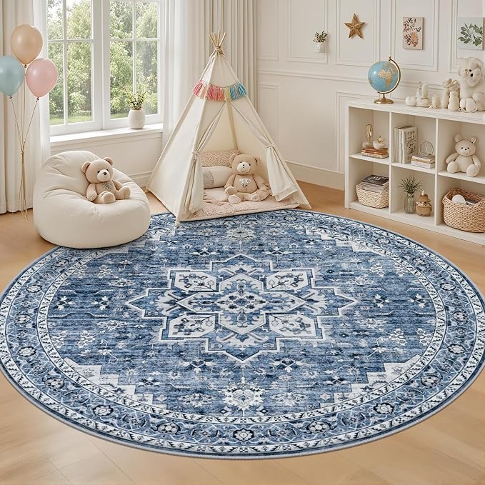 Round Area Rug for Living Room: 8 ft Washable Vintage Boho Soft Thin Circle Rug - Image 5