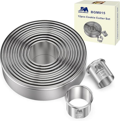 Round Cookie Biscuit Cutter Set 12 Pieces Graduated Circle Pastry Cutters 18/8 by MJINGMEI