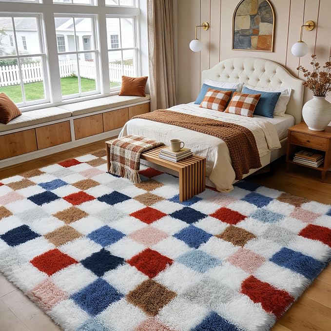 Shag Area Rug for Bedroom Living Room, 5x8 Fluffy Soft Colorful Checkered Rug - Image 4