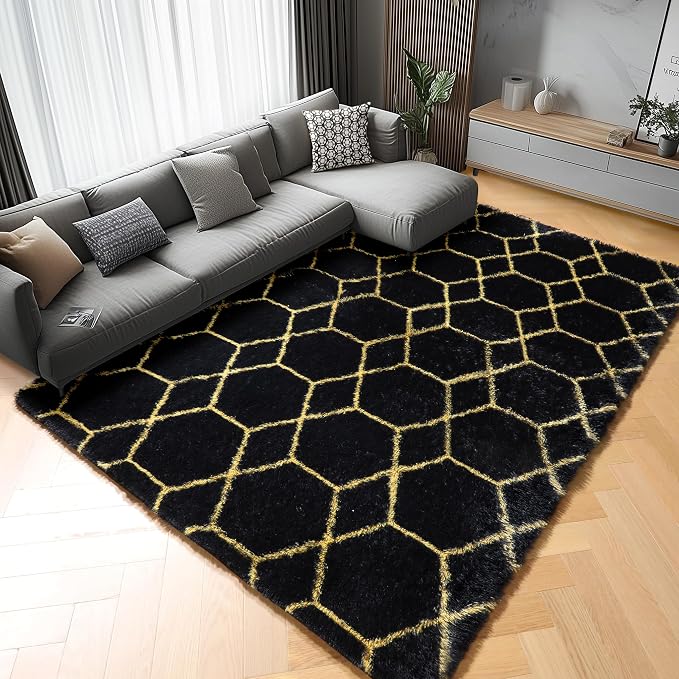 ONASAR Area Rugs for Bedroom Living Room, 4x6 Fluffy Black and Gold Throw Rug - Image 7
