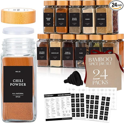 Bamboo Glass Spice Jars with Label and Shaker Lids Clear Empty 4oz 24 Pack by Finessy