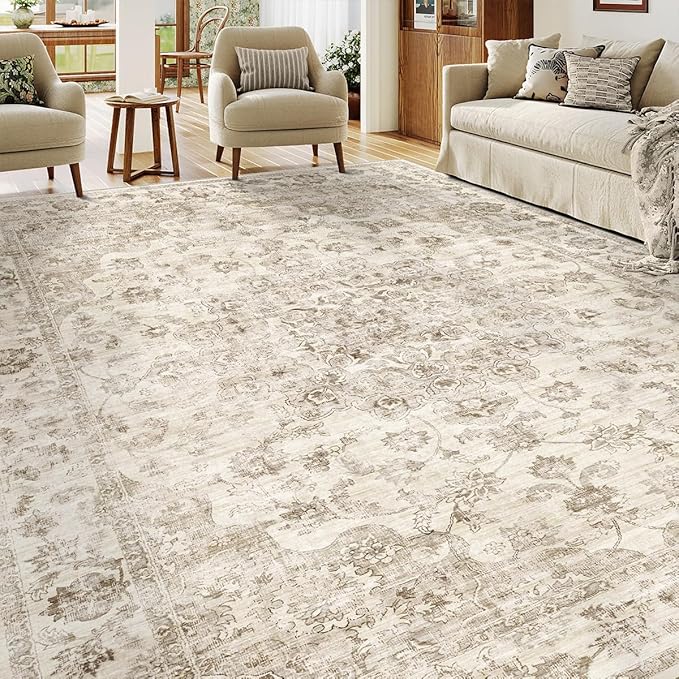 12x15 Neutral Area Rug Beige Vintage Living Room Bedroom Washable Carpet - Image 3
