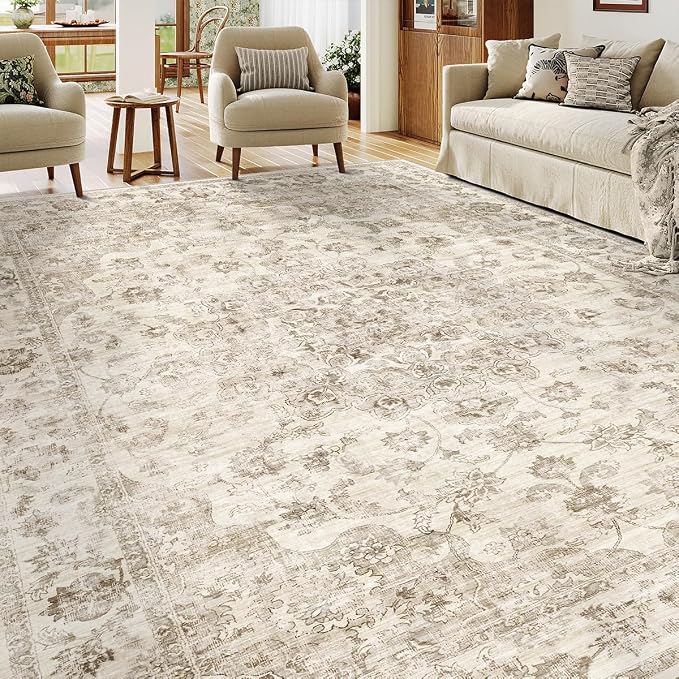 6x9 Washable Neutral Area Rug Beige Vintage Living Room Bedroom Carpet Non-Slip - Image 3