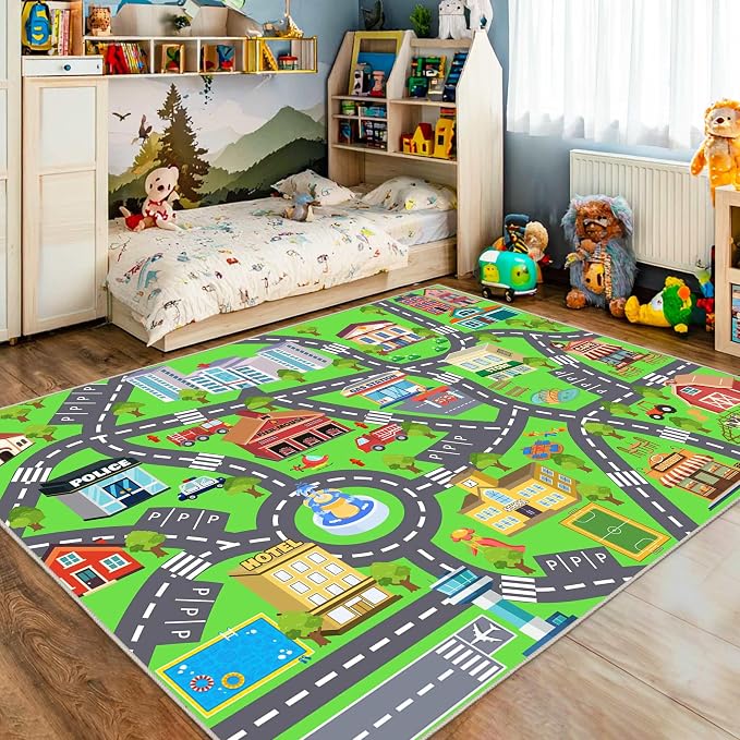 Kids Room Rug - Soft & Non-Slip 9x12 Ft Town Car Rug City Map Play Mat - Image 6