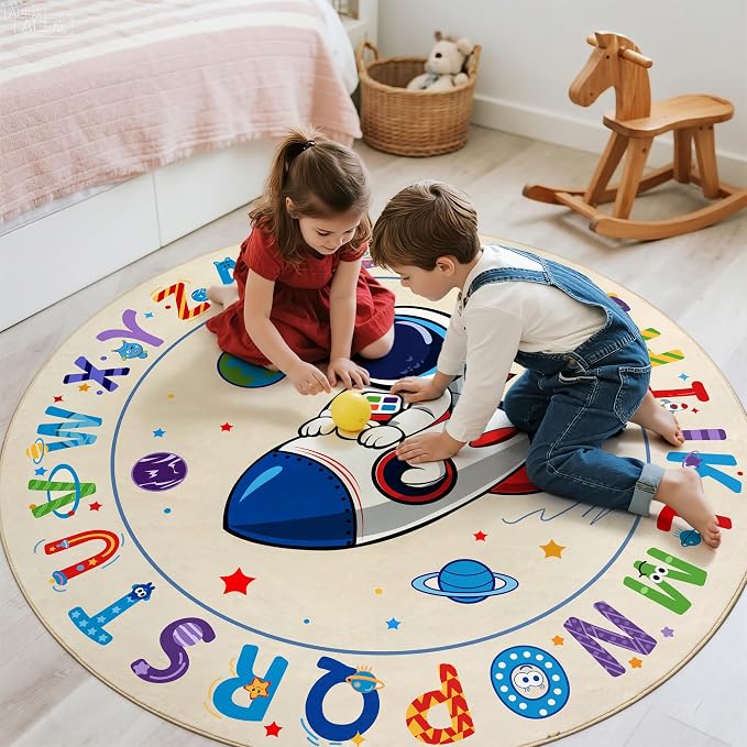 Washable Alphabet ABC Round Rug 3.14ft, Kids Astronaut Space Circle Carpet - Image 3