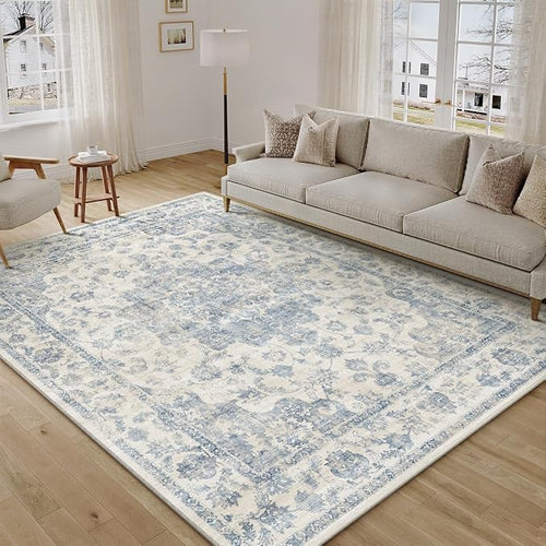 6x9 Washable Neutral Area Rug Blue Vintage Living Room Bedroom Carpet Non-Slip by WondRg