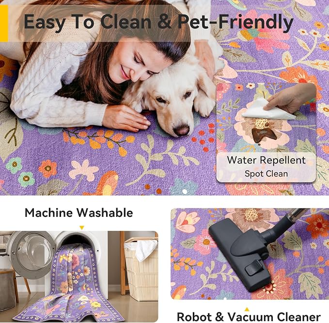 RELEANY Floral Square 8ft Area Rugs Washable Print Boho Cute Carpet Non Slip - Image 4