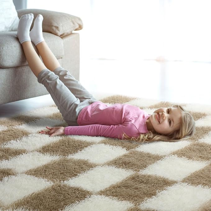 KICMOR Rugs for Living Room, 5x8 Fluffy Soft Beige and Cream White Checkered - Image 9