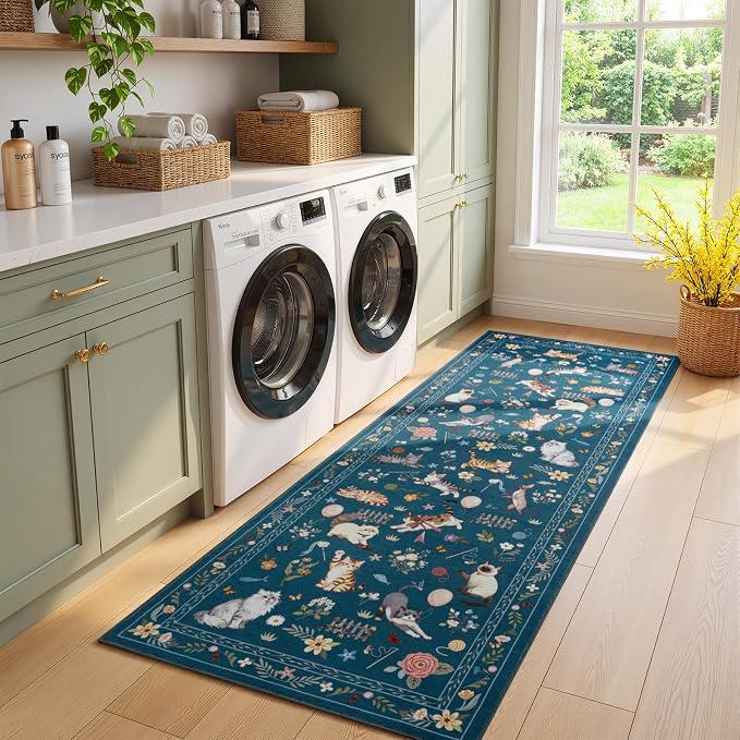 Unirea 2x6 Dark Blue Cat Runner Rug, Washable Non Slip Botanical Rug - Image 9
