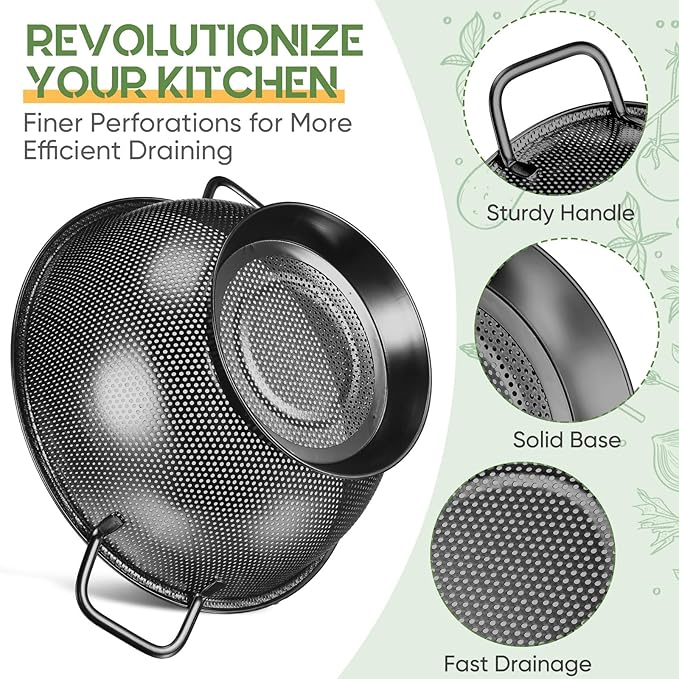 Bokon 3 Pcs Stainless Steel Colander Set Colander Bowl and Sieves 1/3/5 Quart - Image 3