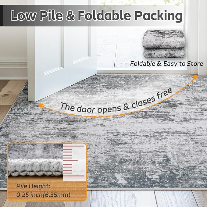 Area Rug 6x9 Living Room Rug Washable: No-Slip Abstract Soft Thin Large Gray - Image 7