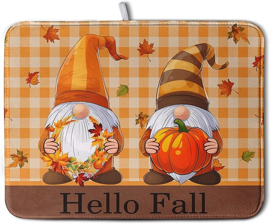 Hello Fall Autumn Gnomes Dish Drying Mat 16x18 Thanksgiving Pumpkin Maple by Kwlegh