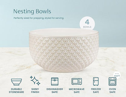 KooK Ceramic Mixing Bowls, Nesting Set of 4, Embossed Kitchen Dishware - Image 6