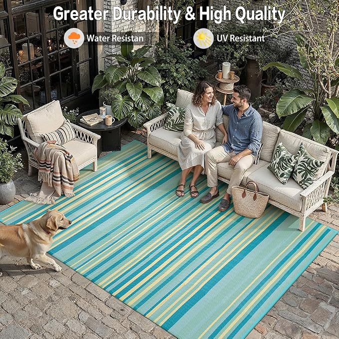 Outdoor Plastic Straw Rug Waterproof Patio 5x8 Teal Yellow Stripe Mat - Image 5