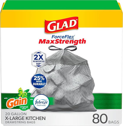 Glad ForceFlex MaxStrength Drawstring XL Kitchen Trash Bags, 20 Gal, 80 Ct by GladTrashFoodStorage