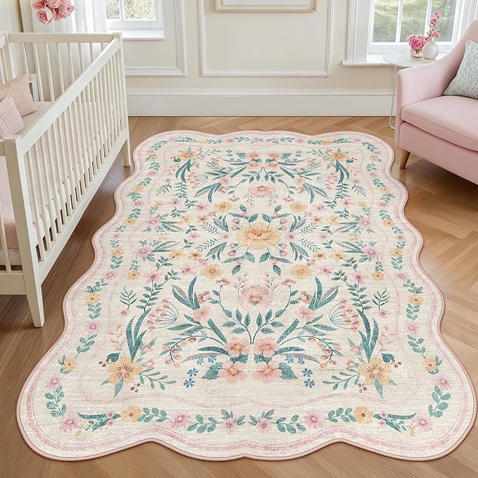 Pink Floral Rug 4X6 for Girls Bedroom or Nursery, Scalloped Cottagecore by Dadasgk
