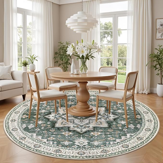 Round Area Rug for Living Room: 6ft Washable Vintage Boho Soft Thin Circle Rug - Image 3