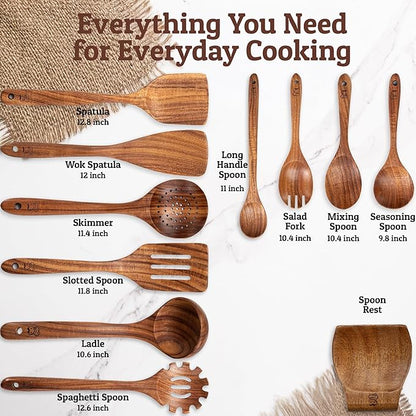 PriorityChef Wooden Spoons for Cooking, Premium 10pc Teak Wood Utensil Set - Image 4