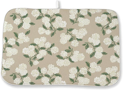 Beige Dish Drying Mat 18x24 Inch Khaki Green Vintage Floral Hydrangea Flower by DAFENA