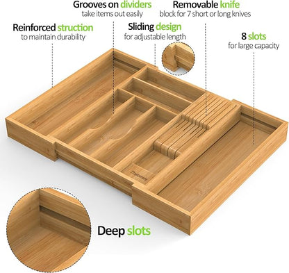 Bamboo Kitchen Drawer Organizer, Expandable Silverware Organizer - Image 9