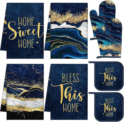 Leinuosen 8 Pcs Blue Marble Kitchen Decor Dish Towels and Oven Mitts Sets Pot by Leinuosen