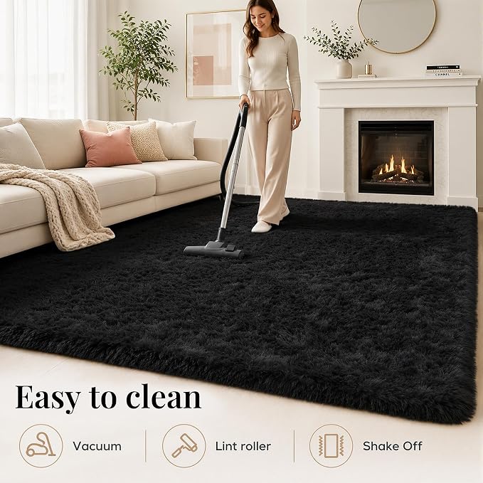 Area Rug for Living Room Bedroom: 6x9 Black Soft Fluffy Shag Upgrade Non-Slip - Image 8