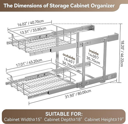 2 Tier Pull Out Cabinet Organizer 15" W X 17" D, Slide Out Drawers - Image 2