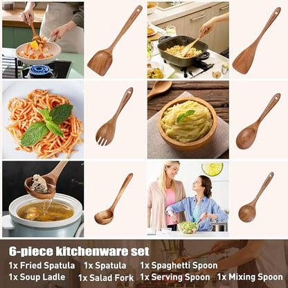 Wooden Spoons - Wooden Spoons for Cooking, Natural Wooden Kitchen Utensils Set - Image 4