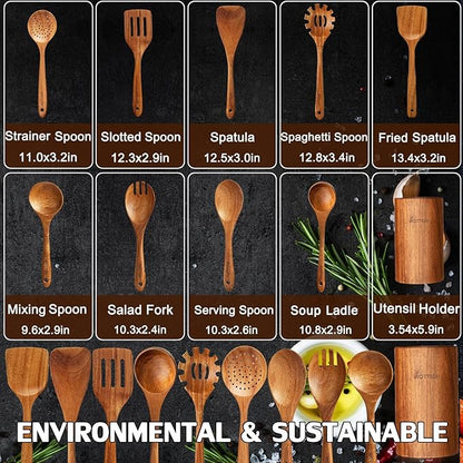 Wooden Spoons for Cooking, Wooden Cooking Utensil Set, 10-Piece Wooden Kitchen - Image 3