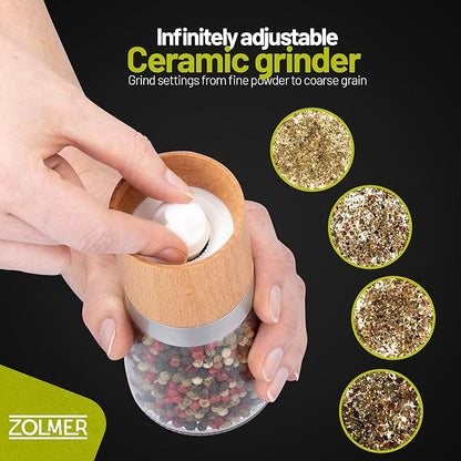 ZOLMER® Wooden Salt and Pepper Grinder Set | Natural Manual Ceramic Mill - Image 3