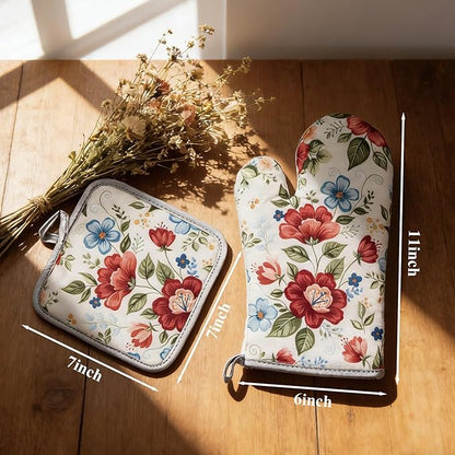 Floral Oven Mitts and Pot Holders Sets 2 Pcs, Canvas Heat Resistant Kitchen - Image 3