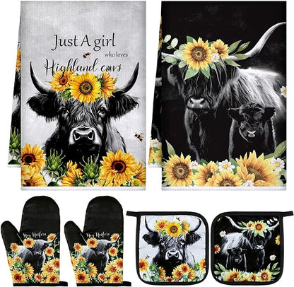 Leinuosen 6 Sunflower Cow Kitchen Towels Kitchen Decor and Accessories Set by Leinuosen