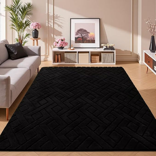 3x5 Black Washable Area Rug for Bedroom, Modern Geometric Shag Non-Slip Living - Image 2