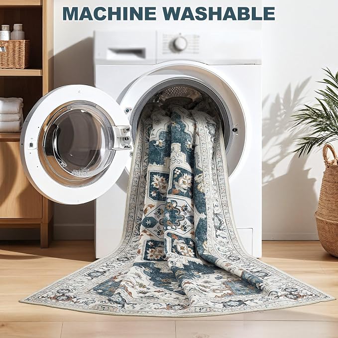10x14 Washable Area Rug: Vintage Neutral Soft Non Slip Thin Large Floor Carpet - Image 3