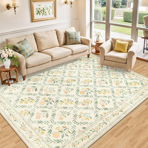 10x12 Area Rugs for Living Room: Floral Washable Rug Vintage Large Soft Boho - Image 2