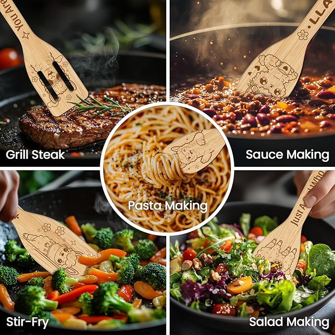 CUTHOLLOW 6PCS Alpacas Wooden Kitchen Cooking Utensil Set, 11.9in Non Toxic - Image 4