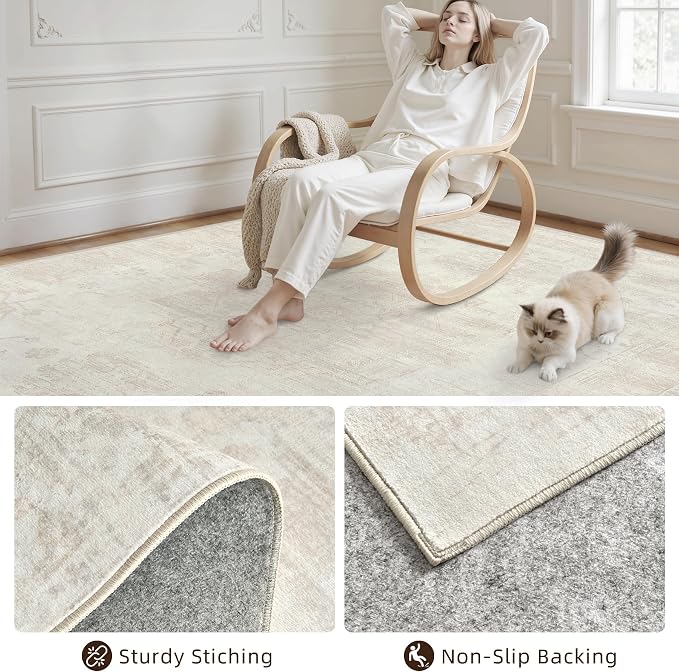 8x10 Area Rugs for Living Room: Vintage Boho Neutral Washable Rug Indoor Soft - Image 4