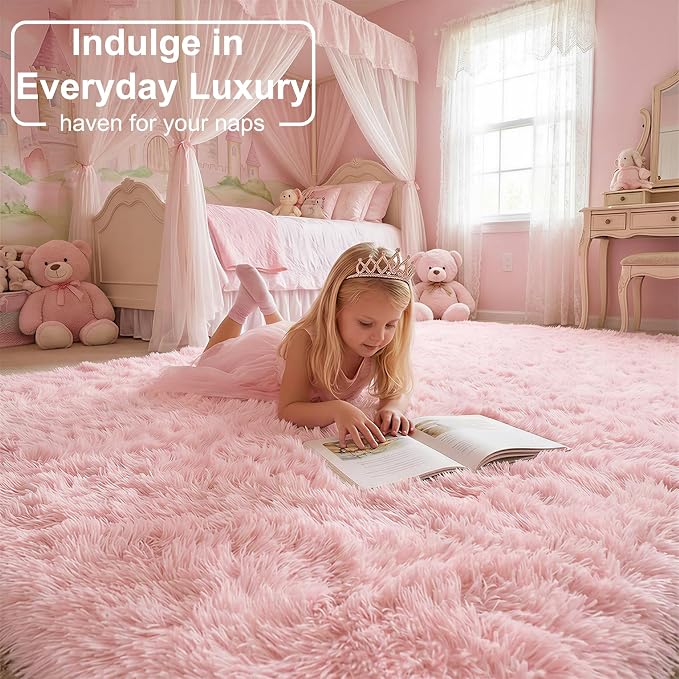 Light Pink Area Rugs for Bedroom Girls, Living Room Decor, Fluffy Fuzzy Plush - Image 4
