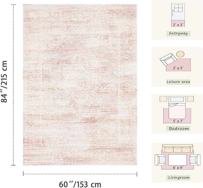 Latte&Fog 3x5 Entryway Pink Area Rugs, Vintage Floral Washable Cute Rugs - Image 2