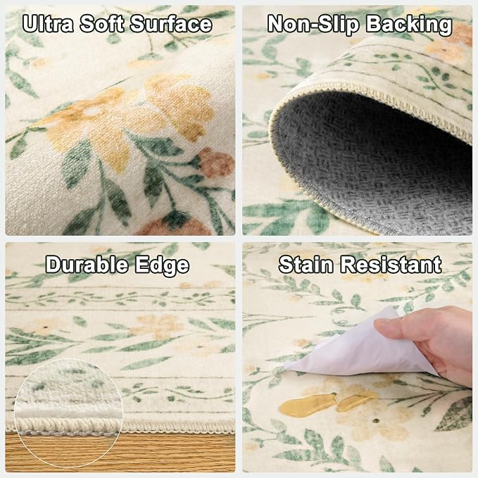 Round Area Rug for Living Room: 8 ft Floral Washable Circle Rug Soft Boho - Image 7