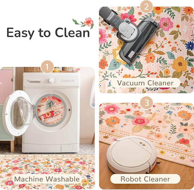 9x12 Area Rugs for Living Room Vacuum-Friendly Machine Washable Area Rug Flower - Image 3