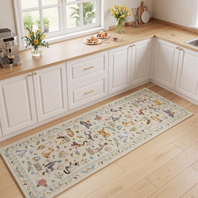 Unirea 2.6x8 Beige Cat Runner Rug, Washable Non Slip Botanical Rug - Image 6